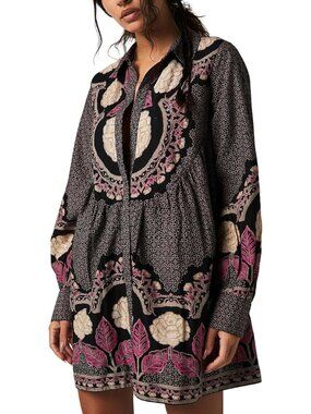 Free People XS Black Floral Embroidered Boho Tunic Dress Long Sleeve (K554)